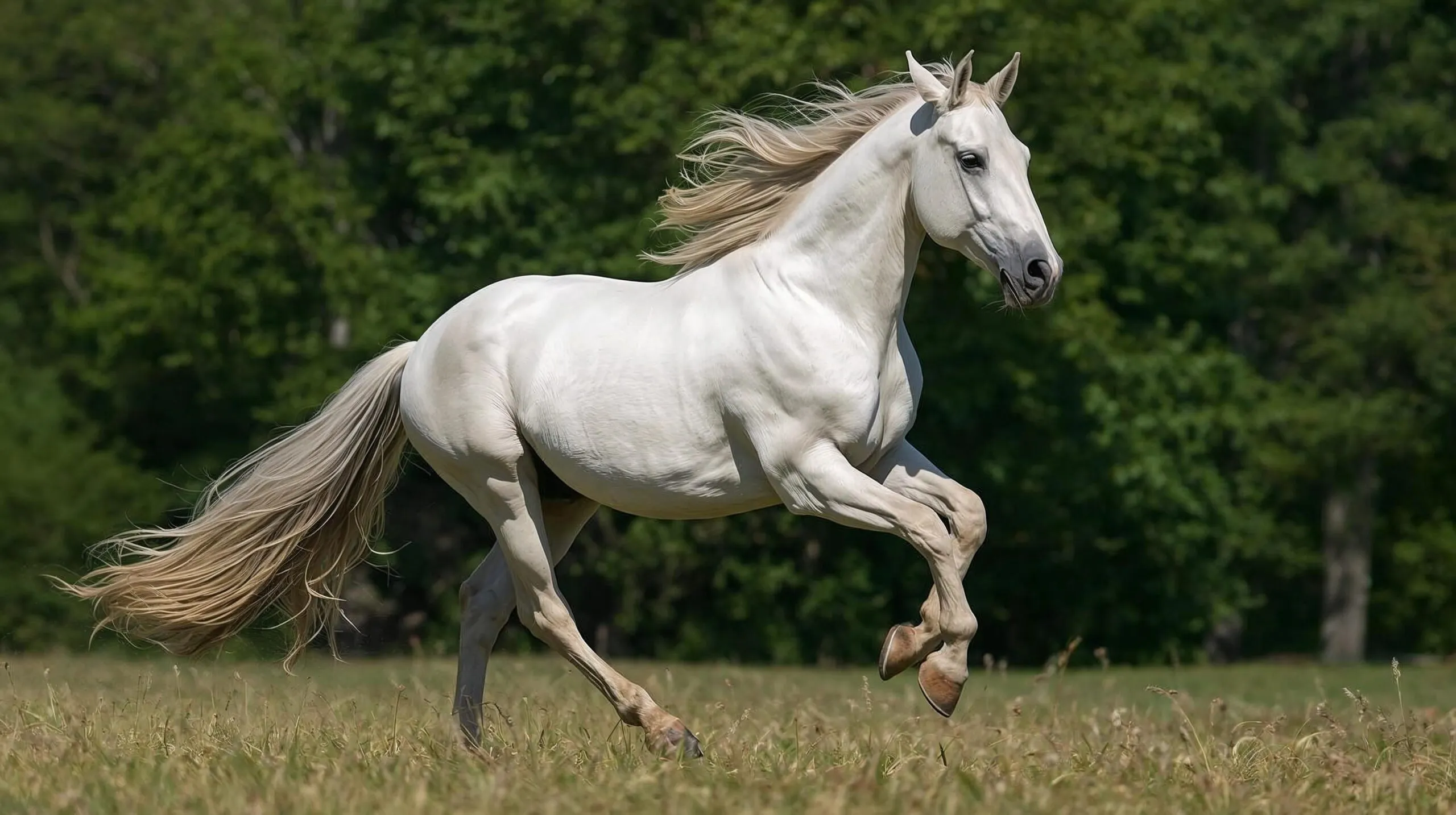 Een witte schimmel galoppeert door een weiland